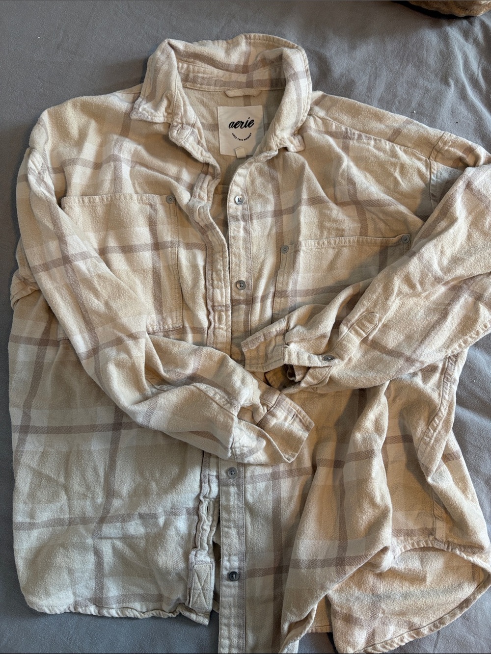 aerie Cream and Tan Plaid Shirt Jacket